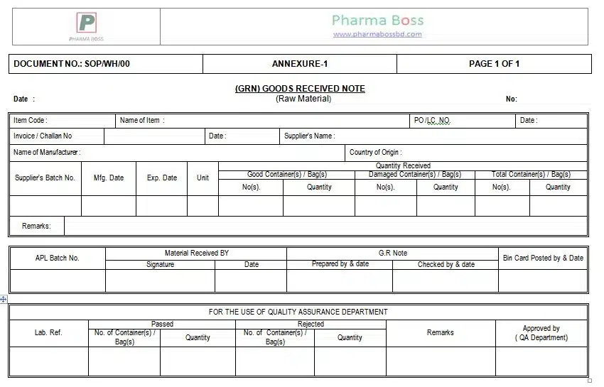 SOP for Receiving of Raw and Packaging Materials