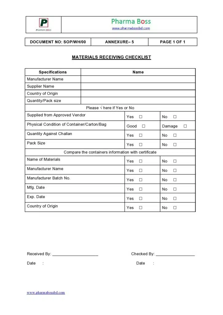 SOP for Receiving of Raw and Packaging Materials