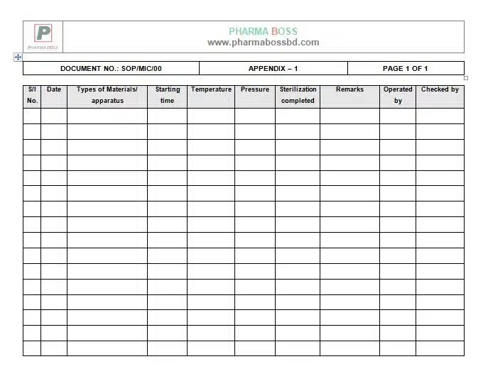 LOG sheet for the Steam Sterilizer