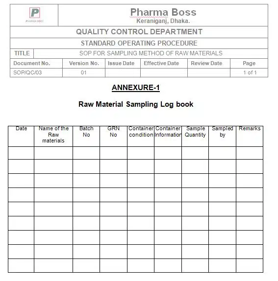 SOP for sampling method of raw materials log book