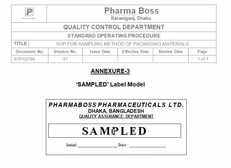 SOP for Sampling Method of Packaging Materials